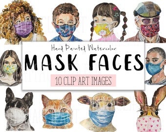 10 Watercolor Mask Faces Clip Art COMMERCIAL - Faces with Masks Clipart - Animal, People - PNG Transparent Background - Digital Download