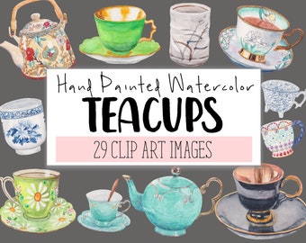 Tea Cups Watercolor Clipart COMMERCIAL | 29 Teacups Watercolor Clip Art Website Graphics PNG Transparent Background | Digital Download