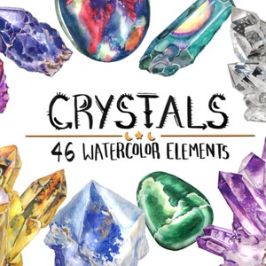 Crystals Watercolor Clipart COMMERCIAL | 46 Gemstones Clip Art Crystals Website Graphics PNG Transparent Background | Digital Download