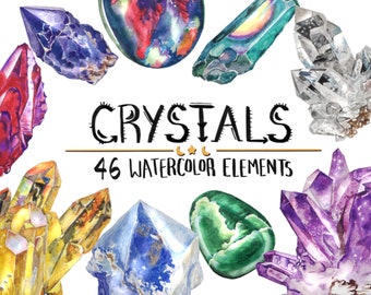 Crystals Watercolor Clipart COMMERCIAL | 46 Gemstones Clip Art Crystals Website Graphics PNG Transparent Background | Digital Download