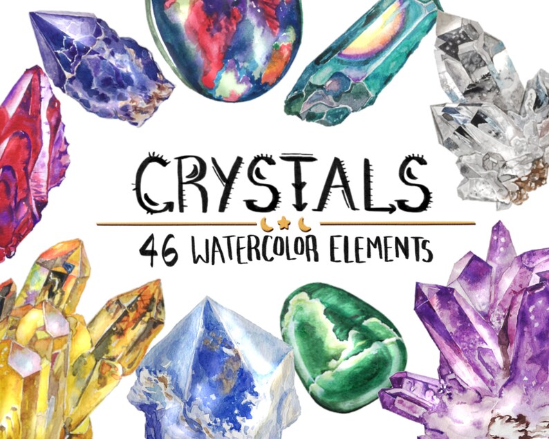 Crystals - watercolor precious stones clipart set