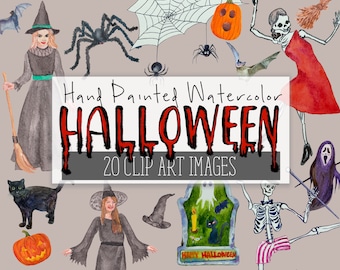 HALLOWEEN Watercolor Clip Art COMMERCIAL | 20 Clip Art Image Graphics | PNG Transparent Background | Digital Download
