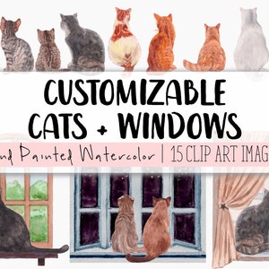 Customizable Clipart Cats + Windows Watercolor COMMERCIAL | 15 Clip Art Image Graphics PNG Transparent Background | Digital Download