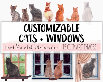 Customizable Clipart Cats + Windows Watercolor COMMERCIAL | 15 Clip Art Image Graphics PNG Transparent Background | Digital Download