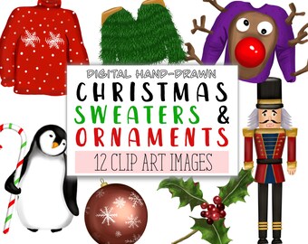 Christmas Ugly Sweaters & Ornaments Digital Clipart COMMERCIAL | 12 Clip Art Graphics PNG Transparent Background | Digital Download