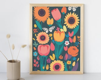 Flower illustration print | Colorful flower print | Illustrated flower poster | Botanical digital art |  Flower and butterflies print