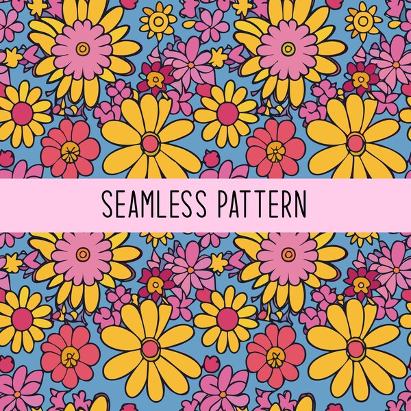 Retro Flower Power Pattern | Vibrant Flower Motifs in Pink, Yellow, and Fuchsia on Blue Background | Large Flowers with Abstract Shapes