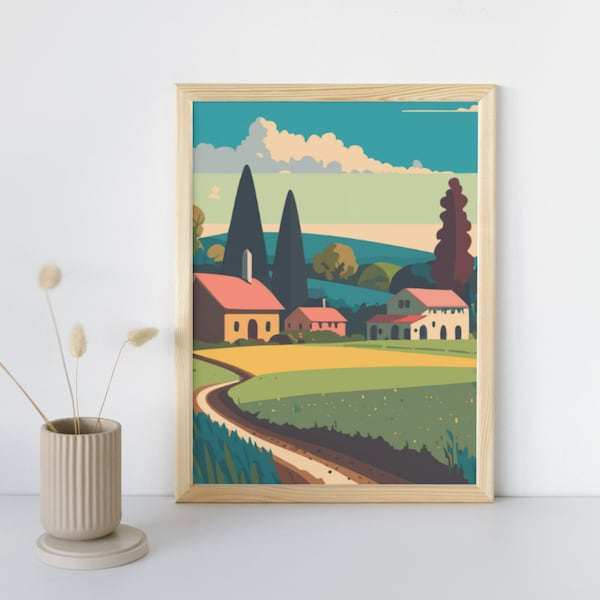 Retro Rural Landscape Poster | Picturesque Farms and Vast Fields | Vintage Farmhouse Decor | Rustic Countryside Wall Art | Digital Download