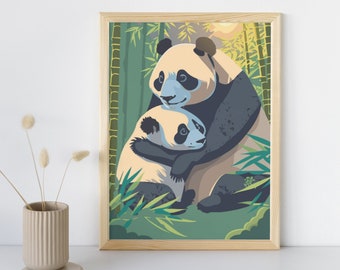 Panda digital print | Wildlife illustration Bamboo forest print | Mother and baby panda poster | Panda nursery art | Forest animal print