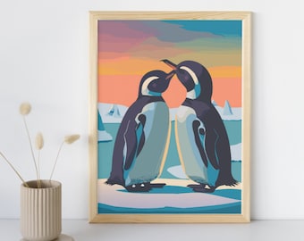 Kissing penguin digital print | Arctic landscape | Baby animals art | Winter wonderland illustration | Antarctic wildlife | Cute penguin art