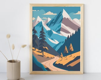 Majestic Mountain Landscape Print | Snow-Capped Peaks, Winding Trails, Alpine Meadows | Scenic Views | Digital Download