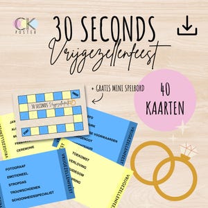 Puede incluir: Un gráfico rosa y azul con el texto "30 Seconds Vrijgezellenfeest" y "40 Kaarten". El gráfico también incluye un tablero de juego con el texto "30 Seconds Vrijgezellenfeest" y un juego de cartas con el texto "Vrijgezellenfeest".