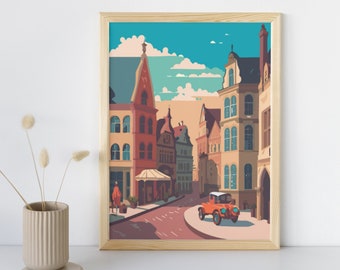 Illustrated Vintage Cityscape Poster | Nostalgic Urban Views with Historical Buildings, Retro Street Scenes, and Vintage Vehicles