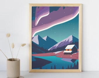 Illustrated Mountain Landscape Poster | Snowy Peaks, Alpine Hut, Northern Lights | Winter Wonderland Artwork | Retro | Digital Download