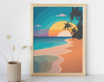 Idyllic Beach Landscape Print | Soft Sand, Azure Blue Water, Palm Trees | Colorful Sunset | Tropical Decor Digital Download