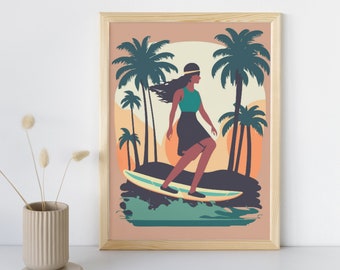 Surfer Girl Art Print | Surf thema digital print | Retro Surf Art | Vintage sunrise sea | Beach House tropical vibes | Boho Surf palmtrees