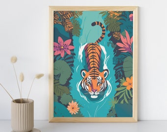 Swimming Tiger digital print | Jungle river scene | Wildlife illustration | Tropical landscape print | Animal nursery decor tiger