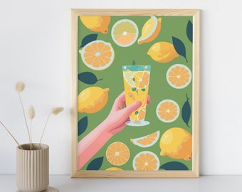 Lemonade digital print | Citrus illustration | Fruit wall decor | Kitchen wall art | Lemon artwork | Summer vibes poster | Digital download