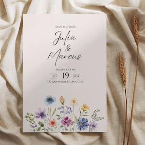 Save the Date card | Boho floral design | Minimalist wedding invitation | Customizable template