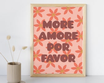 More amor por favor digital print | retro flower poster | pink orange flower print quote | room decor retro | wall art | quote poster retro