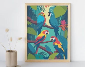 Jungle Paradise Print | Cheerful Illustration of Colorful Parrots in an Exotic Jungle Setting | Exotic Jungle Decor | Digital Download Art