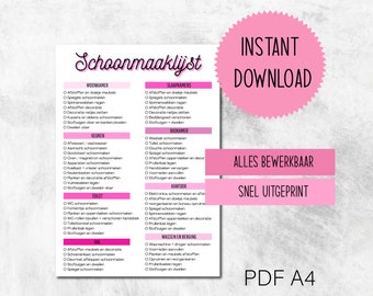 Schoonmaaklijst bewerkbaar | schoonmaken planner PDF | checklist schoonmaken | klusjes lijst schoonmaken | poetslijst | schoonmaak schema