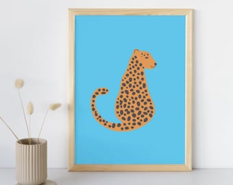 Cheetah Digital Print | Boho Home Decor | Blue Wall Art | Jungle Poster | Minimal Cheetah Art | Animal Artwork | leopard kids decor