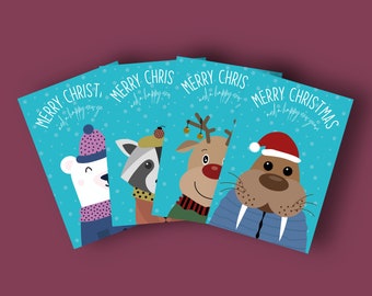 Christmas postcards set | Merry Christmas cards animals | Kerstkaarten | kerstkaarten dieren | cute animal christmas cards | happy holidays