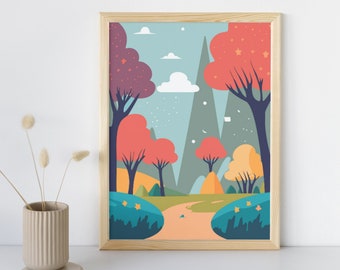 Autumn Forest Landscape Poster | Abstract Illustration of Fall Foliage with Orange, Yellow, and Purple Trees | Digital Download Artwork