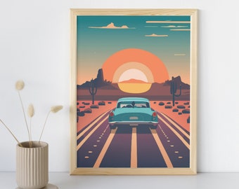 Retro Sunset Drive | Vintage Car Cruising on Desert Highway at Dusk | Nostalgic Poster Design | Oldtimer wall art