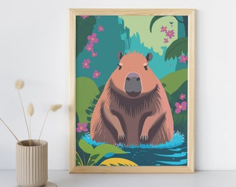Funny capybara digital art | Wildlife illustration | Jungle kids decor | Rainforest scene art | Tropical animal poster | Jungle nursery art