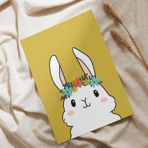 Kaarten voor Pasen | schattig konijn | Paashaas kaart | bloemen kaarten | vrolijk Pasen kaarten | lente kaart okergeel | vrolijke kaart