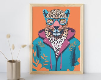 Fashionable Leopard digital print | Animal illustration | Stylish leopard with blue glasses |  Modern retro artwork |  Digital download