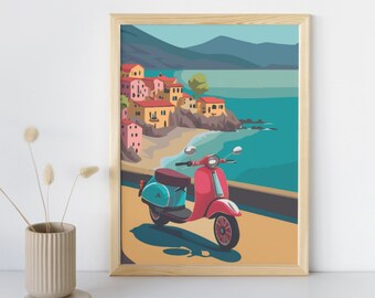 Retro scooter digital print | Coastal landscape | Mediterranean vibes | red Vespa village Italy | Sea view | Vintage travel | Retro art