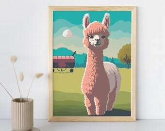 Alpaca digital print | Farm animal illustration | Cute alpaca print | Mountain landscape decor | Flower farm scene | Alpaca nursery decor