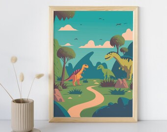 Colorful Dinosaur Adventure Print | Prehistoric Landscape with Tyrannosaurus Rex, Triceratops, and Stegosaurus | Digital Download Art