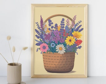 Floral Basket Digital Print | Country Chic Art | Lavender Daisy Violets | Boho Flower Basket | Vintage Inspired Art | Botanical Poster