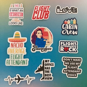May include: A collection of colorful stickers with aviation-themed designs. The stickers feature phrases like "Flight Club," "Cabin Crew," and "My Office Has the Best View." Other stickers include images of airplanes and a stewardess.