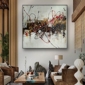 Original abstract oil painting on canvas, wall art large sizes for interiors, decoration brown, white, black, red,