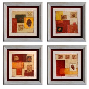 May include: Set of four framed abstract art prints with geometric shapes and leaf designs in shades of brown, red, yellow, and white.