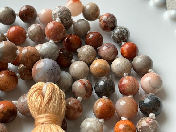 Fossil Coral Meditation Mālā – Ocean Jasper 108 Bead Necklace, Hand Knotted Prayer Beads