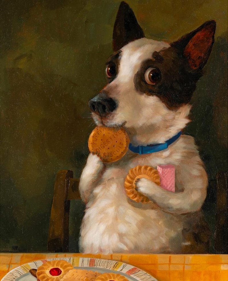 May include: A charming painting of a dog with a blue collar, enjoying a biscuit. The dog is holding a biscuit in its mouth and another in its paw, with more biscuits and a pink box on a table with a checkered cloth.