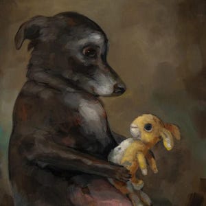 May include: A digital painting depicting a dark-coloured dog cradling a yellow stuffed rabbit. The dog has a sorrowful expression, and the rabbit has white spots. The background is a muted brown.