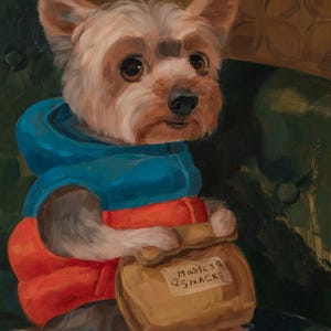 K&ouml;nnte beinhalten: Illustration eines Yorkshire Terrier-Hundes mit einer blau-orangen Jacke, der eine T&uuml;te mit der Aufschrift "Mable's Snacks" h&auml;lt. Ein kleines Spielzeugschwein in blau-gelb gestreifter Kleidung sitzt in der N&auml;he. Der Hund sitzt auf einem gr&uuml;nen Stuhl.