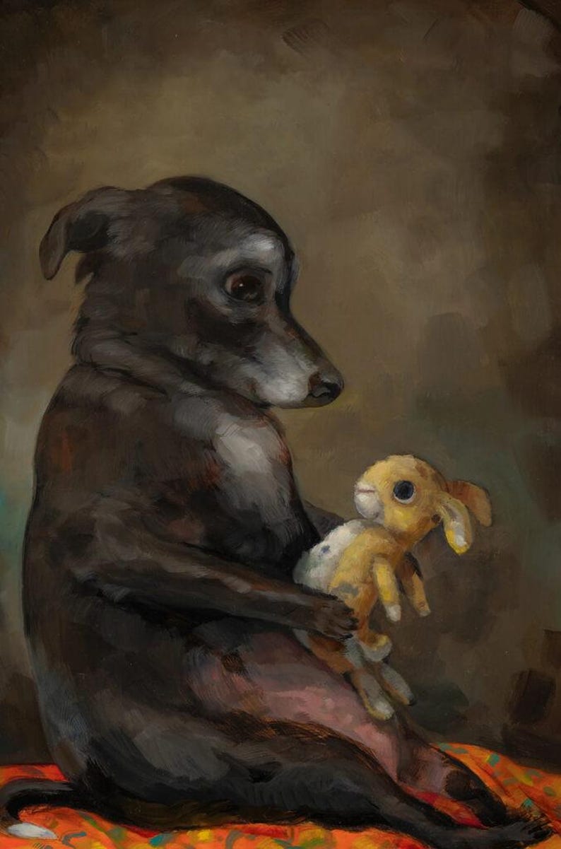 May include: A digital painting of a dark-coloured dog holding a yellow stuffed rabbit. The dog has a sad expression, and the rabbit has white spots. The background is a muted brown.