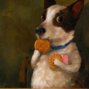 May include: A painting of a dog with a blue collar, holding a biscuit in its mouth and another in its paw. The dog is white with black markings and has a surprised expression. A pink rectangular object is in its other paw.