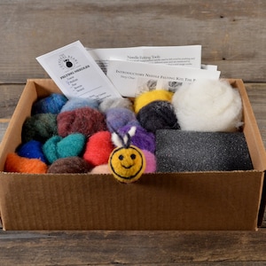 Beginner Needle Felting Kit, Beginner Tutorial for Bee, 16 Colored Wool Bits plus cream, Pad and Needles