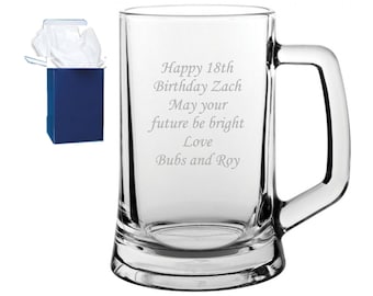 Personalized 18th birthday Engraved Beer Glass Tankard comes with blue gift box