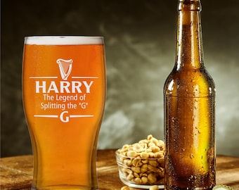 Personalised Guinness Pint Glass: Engraved Beer Gift, Legend of Splitting the G Birthday