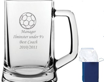 Personalised Engraved Beer Glass Tankard Any Text Football Presentations award, gifts, Thank You Gift Boxed